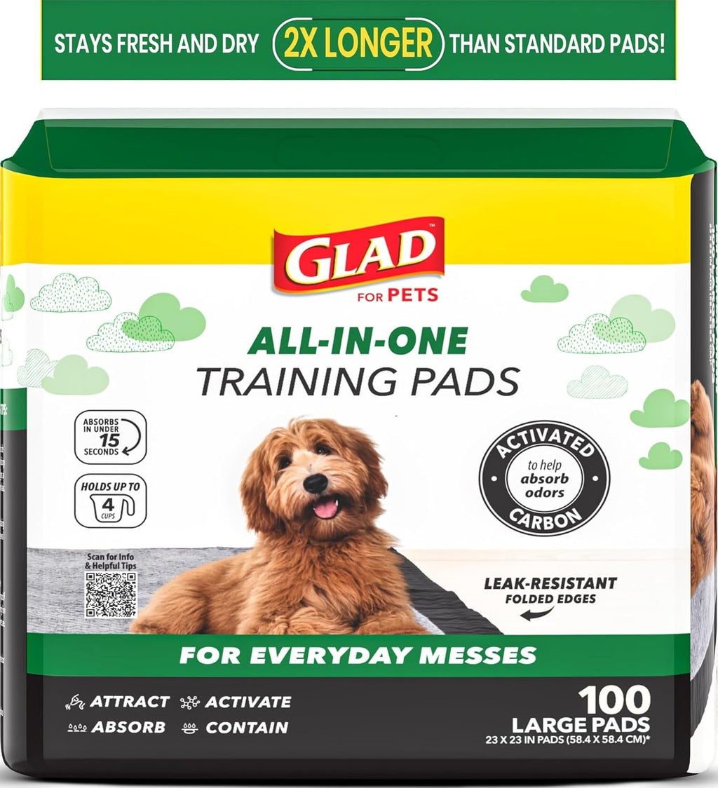 Glad for Pets Black Charcoal Puppy Pads - 6-Layer Leak-Proof Construction, Activated Carbon Odor Control, Pheromone Attractant - Disposable Dog Pee Pads for Potty Training, 23 x 23 in, 100 Count