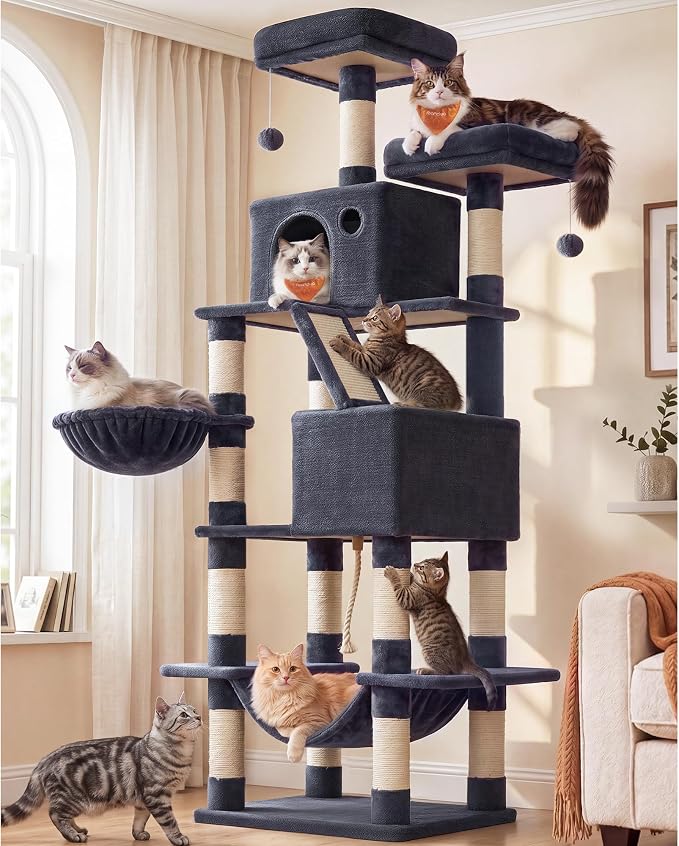 Feandrea Cat Tree, 81.1-Inch Large Cat Tower, Multi-Level Condo, Smoky Gray