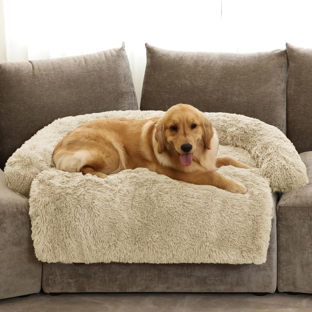 Calming Dog Bed Fluffy Plush Dog Mat for Furniture Protector with Removable Washable Cover for Large Medium Small Dogs and Cats (Large, Light Grey)