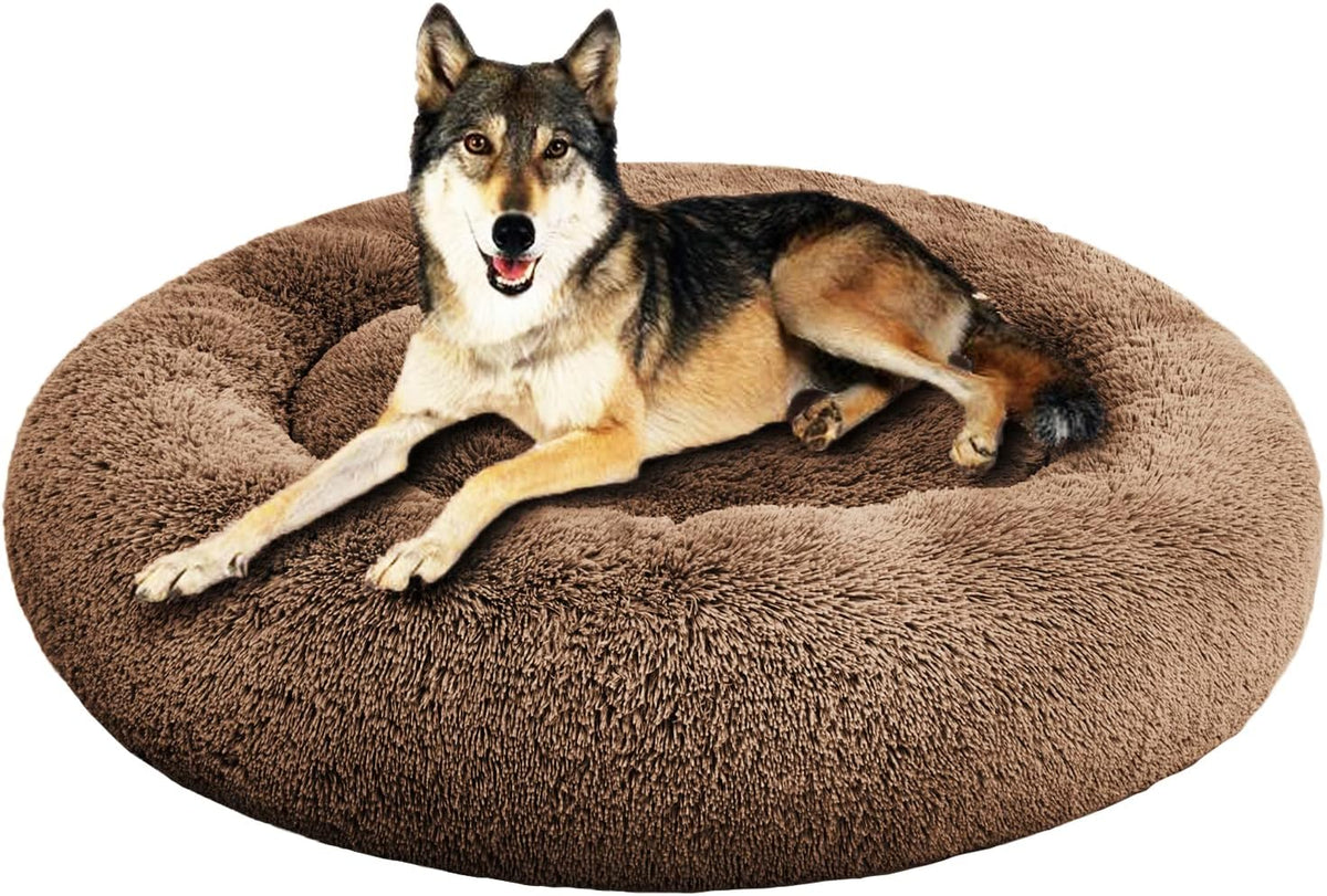 54 inches Calming Donut Dog Bed - 3X Durable Plush Faux Fur, Machine Washable & Non-Slip, Fits up to 210 lbs, Removable Cover, Dark Grey