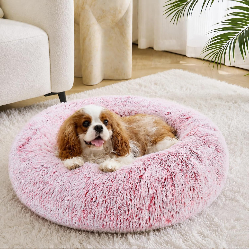 JOLLYVOGUE Calming Dog Bed Medium Size Dog, 31in Donut Washable Medium Pet Bed, Anti-Slip & Anti-Anxiety Fluffy Faux Fur Round Dogs Bed, Fits up to 45 lbs Pets (Smoke Grey)