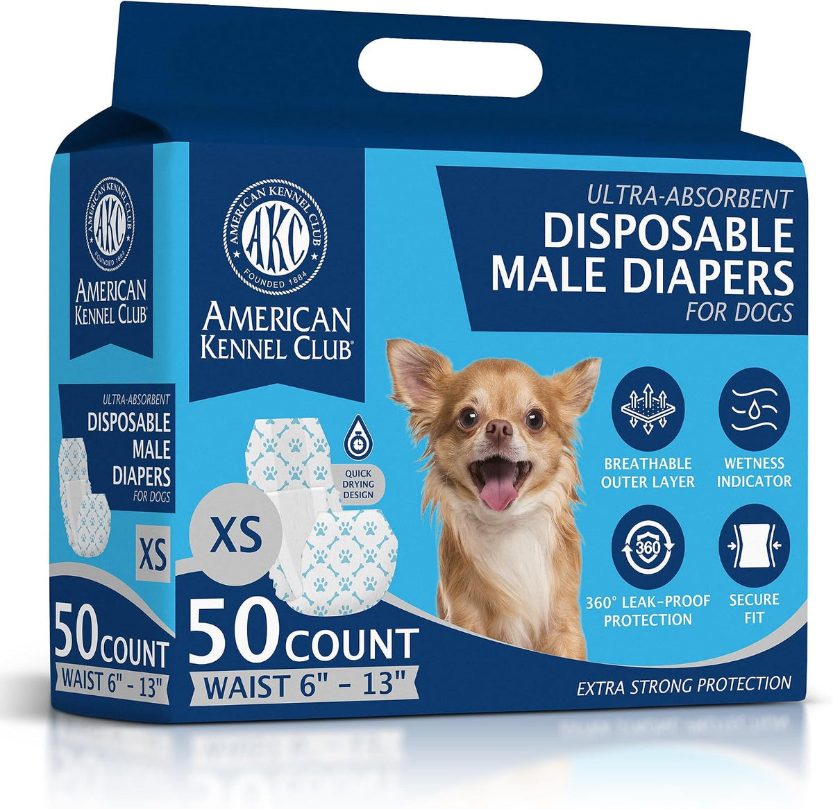 American Kennel Club Male Dog Wrap, Disposable Diapers with Wetness Indicator, Small, 50 Count