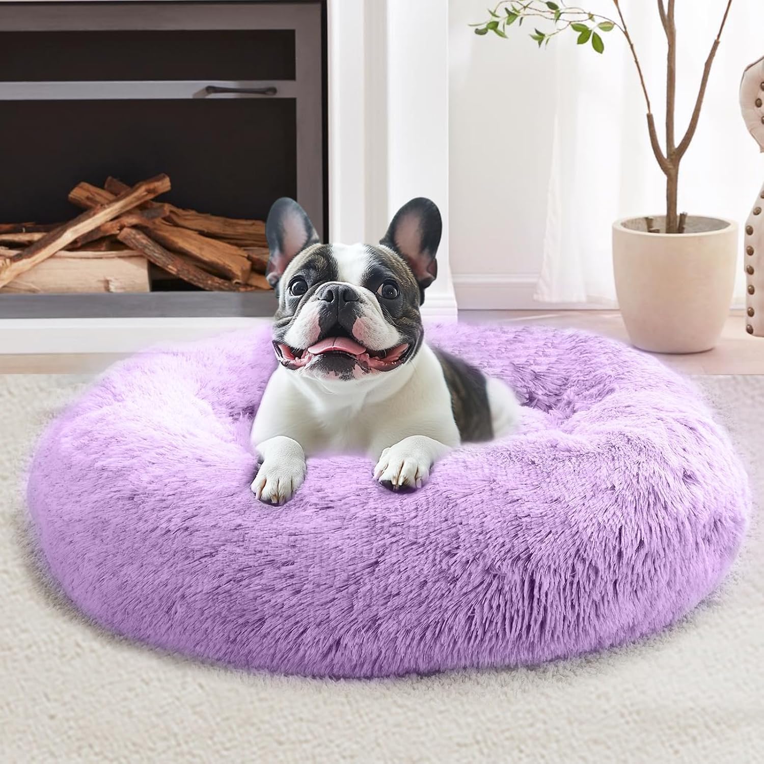 JOLLYVOGUE Calming Dog Bed Medium Size Dog, 31in Donut Washable Medium Pet Bed, Anti-Slip & Anti-Anxiety Fluffy Faux Fur Round Dogs Bed, Fits up to 45 lbs Pets (Smoke Grey)