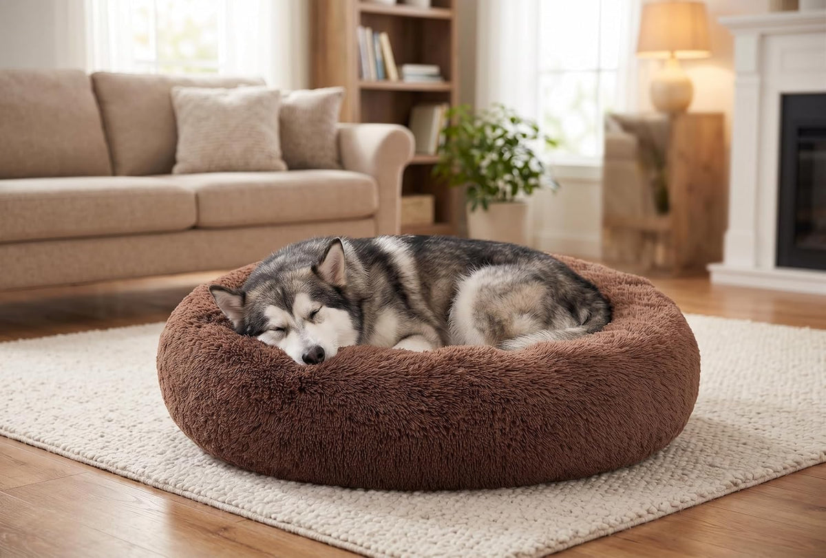 54 inches Calming Donut Dog Bed - 3X Durable Plush Faux Fur, Machine Washable & Non-Slip, Fits up to 210 lbs, Removable Cover, Dark Grey