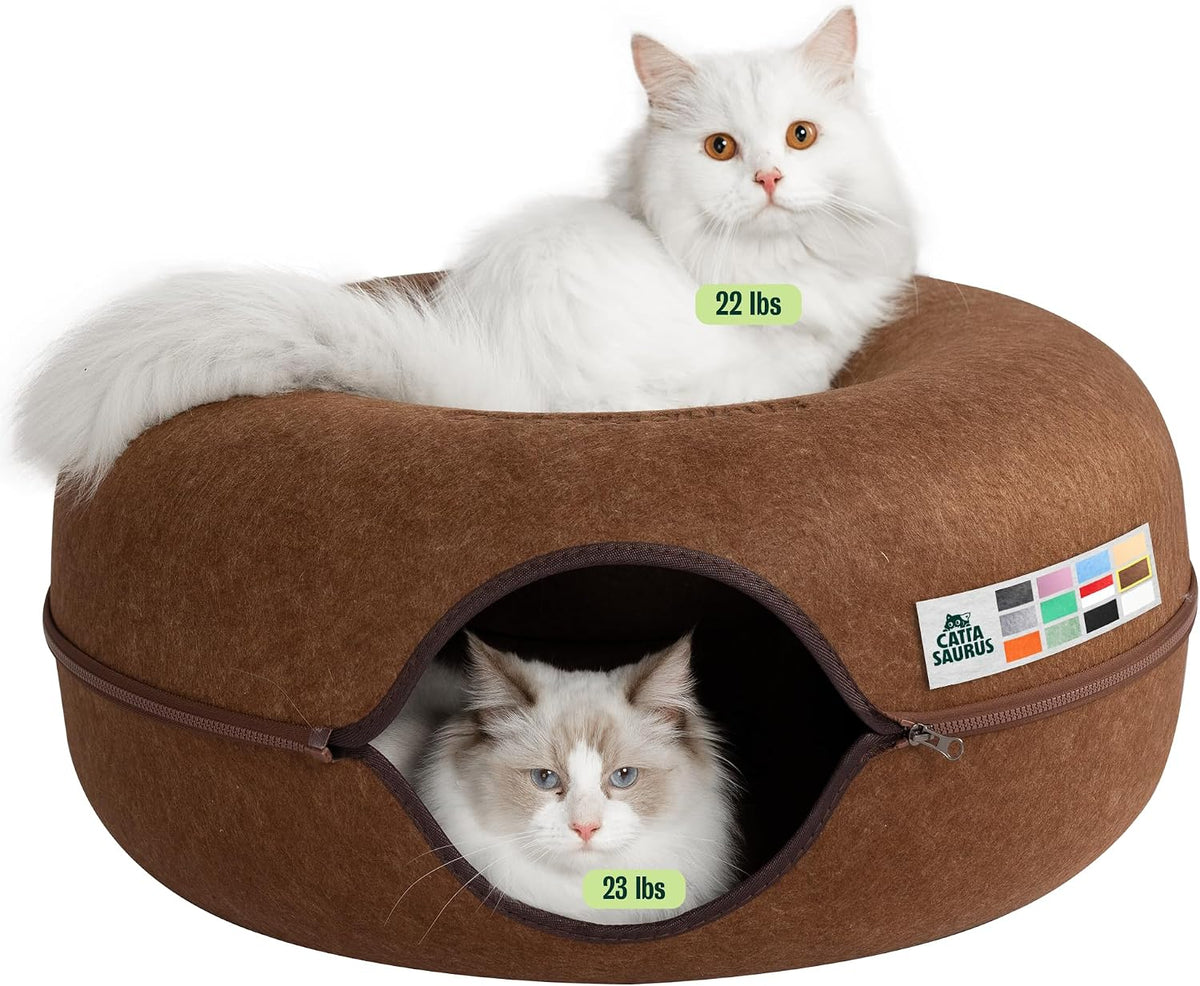 Peekaboo Cat Cave Donut for Multiple & Large Cats up to 30-45 lbs, 3-in-1 Self Warming Cat Bed, Tunnel & Scratcher for Indoor Cats, Washable & Detachable Small Dog Bed (Light Gray, Jumbo)
