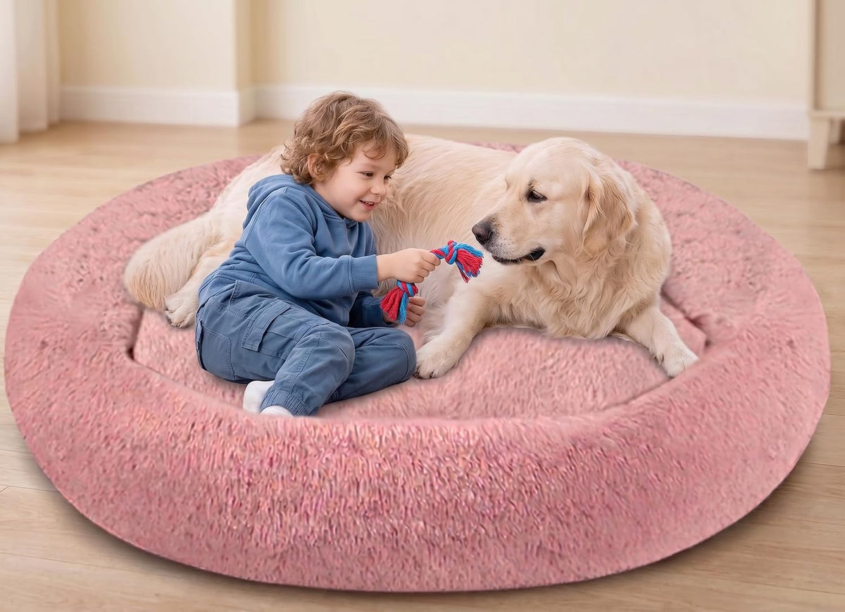 54 inches Calming Donut Dog Bed - 3X Durable Plush Faux Fur, Machine Washable & Non-Slip, Fits up to 210 lbs, Removable Cover, Dark Grey