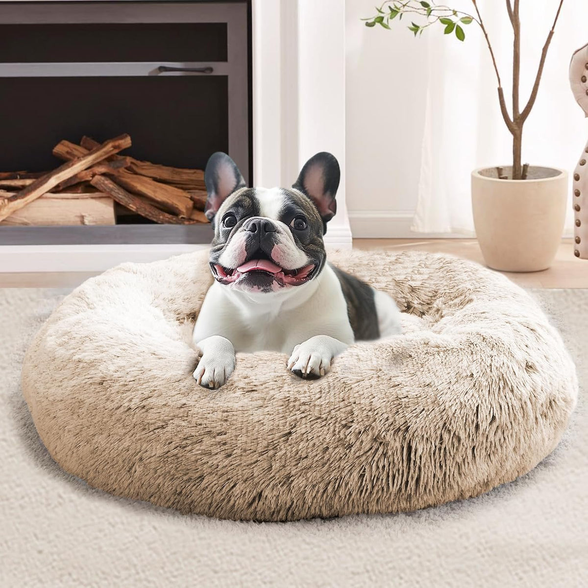 JOLLYVOGUE Calming Dog Bed Medium Size Dog, 31in Donut Washable Medium Pet Bed, Anti-Slip & Anti-Anxiety Fluffy Faux Fur Round Dogs Bed, Fits up to 45 lbs Pets (Smoke Grey)