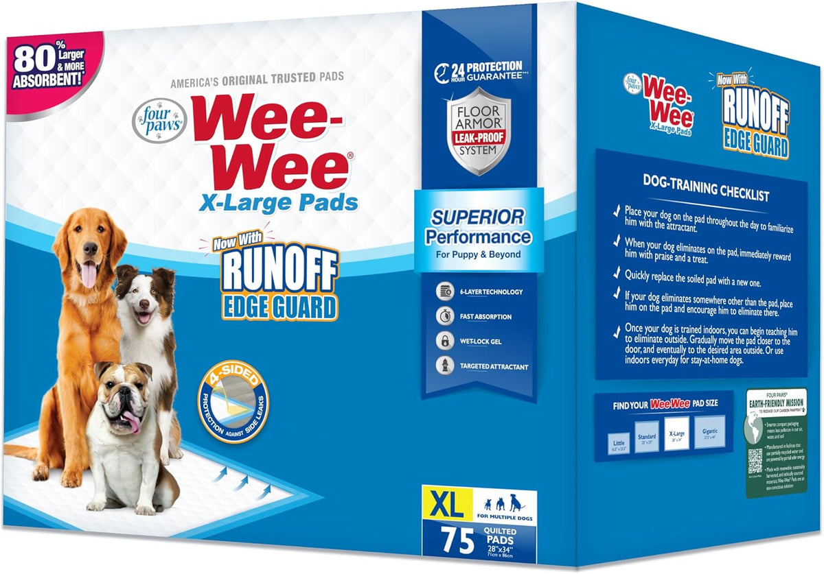 Four Paws Wee-Wee Superior Performance Extra Large Pee Pads for Dogs with Runoff Barrier Edge Guard Protection, Puppy & Dog Potty Training Pads, Housebreaking Supplies, 28" x 34" (40Count)