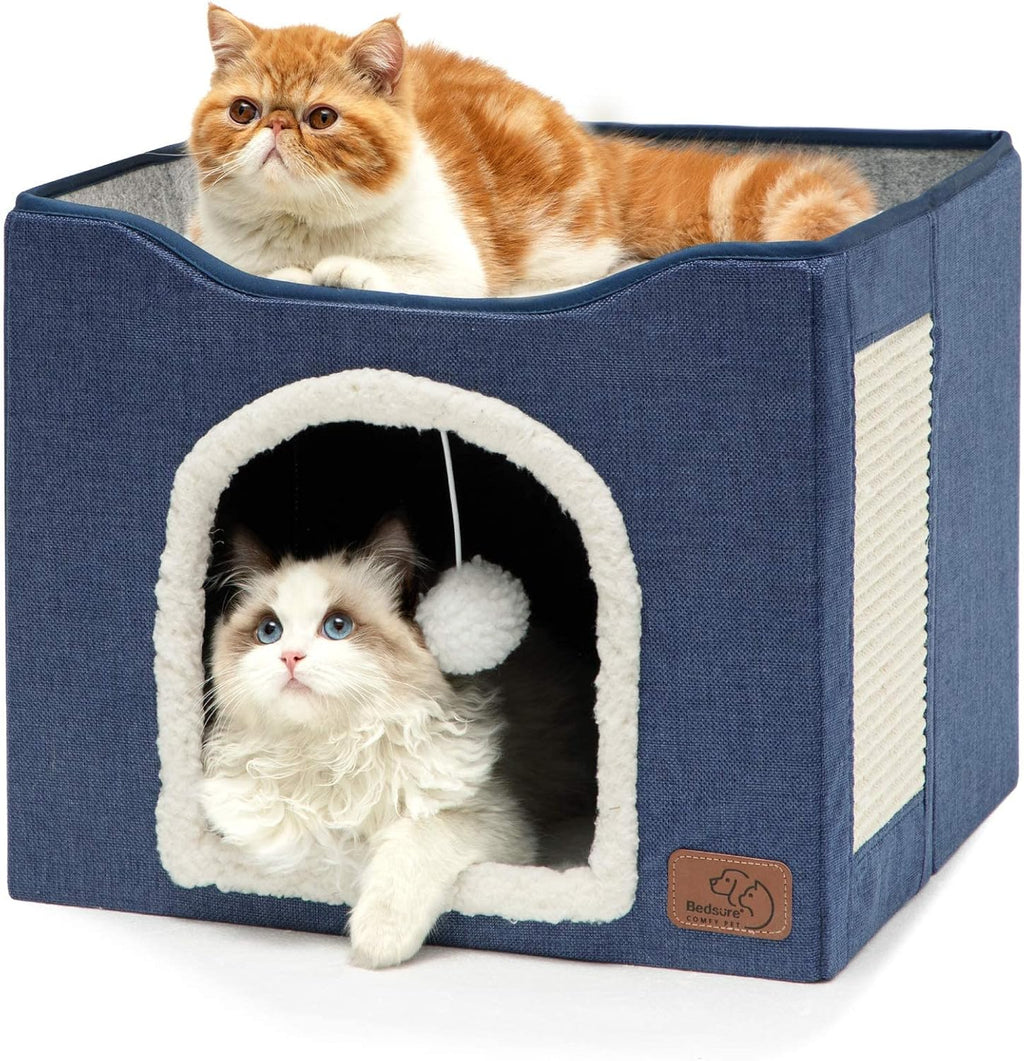 Bedsure Cat House Bed for Indoor Cats with Fluffy Ball and Scratch Pad,Grey