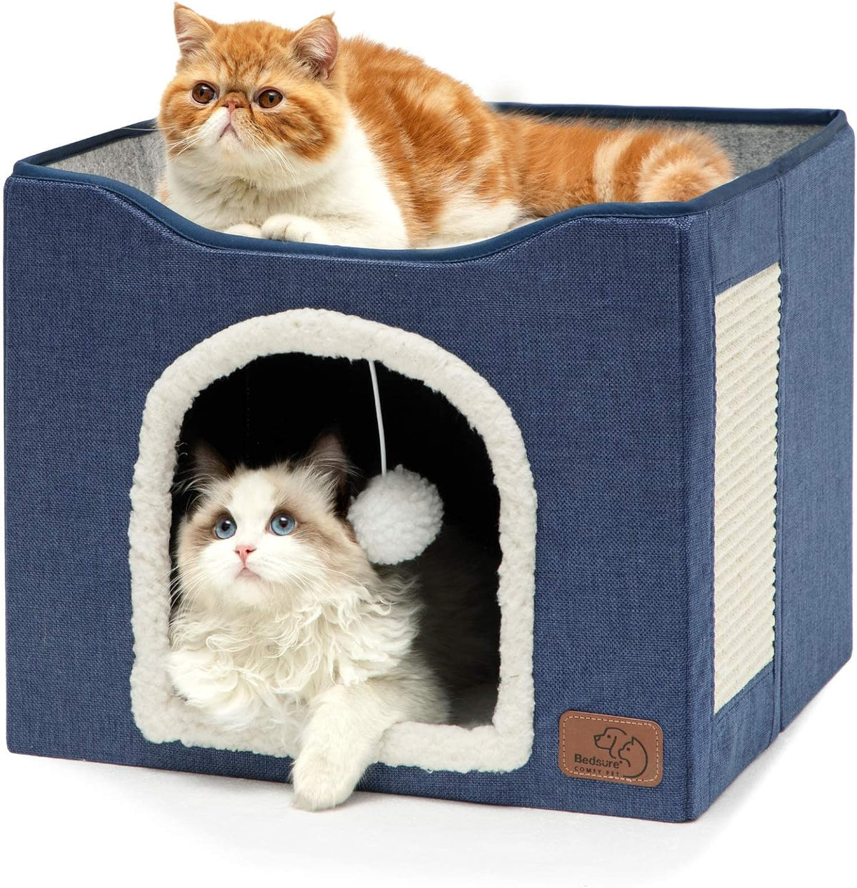 Bedsure Cat House Bed for Indoor Cats with Fluffy Ball and Scratch Pad,Grey