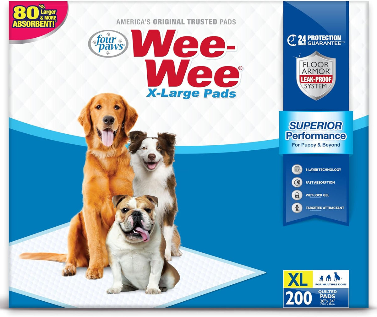 Four Paws Wee-Wee Superior Performance Extra Large Pee Pads for Dogs with Runoff Barrier Edge Guard Protection, Puppy & Dog Potty Training Pads, Housebreaking Supplies, 28" x 34" (40Count)