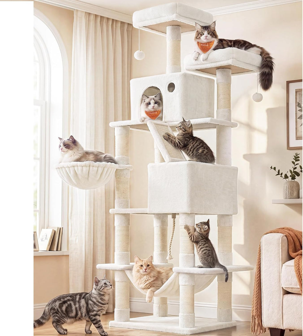 Feandrea Cat Tree, 81.1-Inch Large Cat Tower, Multi-Level Condo, Smoky Gray