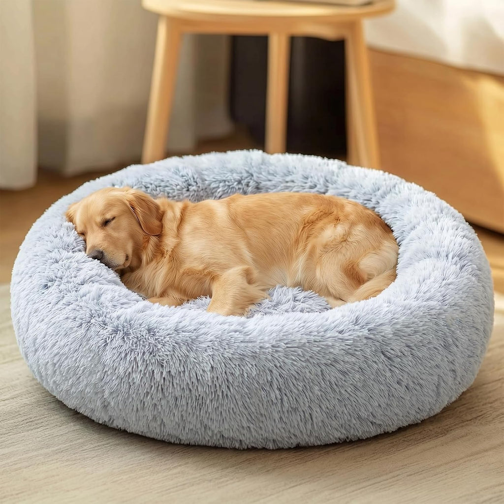 JOLLYVOGUE Calming Dog Bed Medium Size Dog, 31in Donut Washable Medium Pet Bed, Anti-Slip & Anti-Anxiety Fluffy Faux Fur Round Dogs Bed, Fits up to 45 lbs Pets (Smoke Grey)