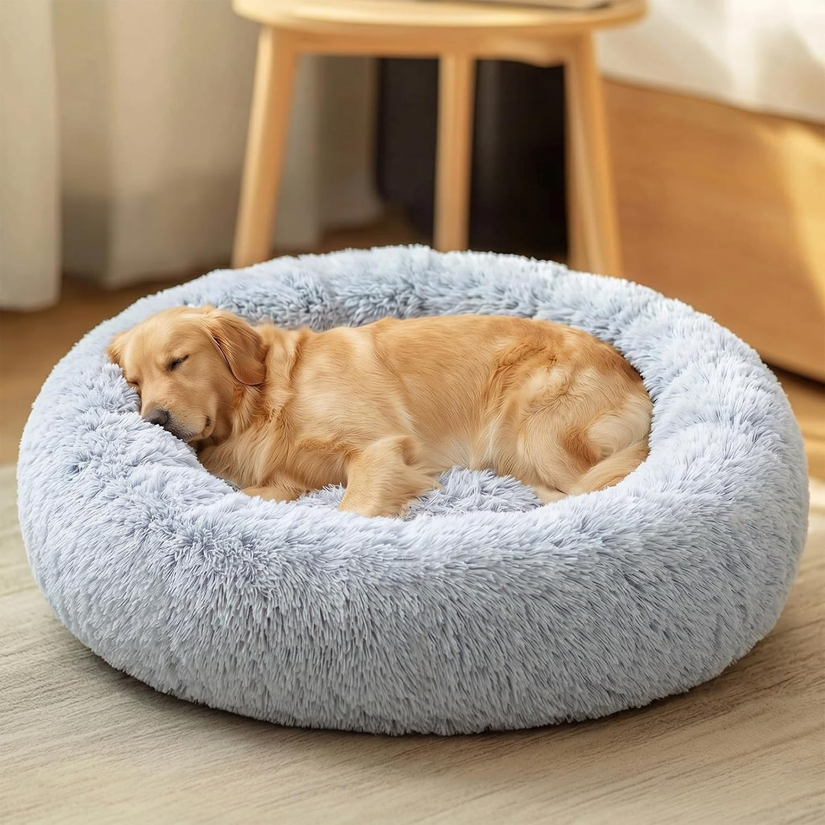 JOLLYVOGUE Calming Dog Bed Medium Size Dog, 31in Donut Washable Medium Pet Bed, Anti-Slip & Anti-Anxiety Fluffy Faux Fur Round Dogs Bed, Fits up to 45 lbs Pets (Smoke Grey)