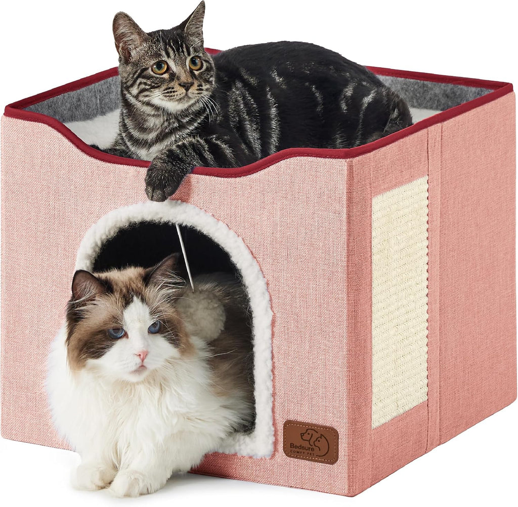 Bedsure Cat House Bed for Indoor Cats with Fluffy Ball and Scratch Pad,Grey
