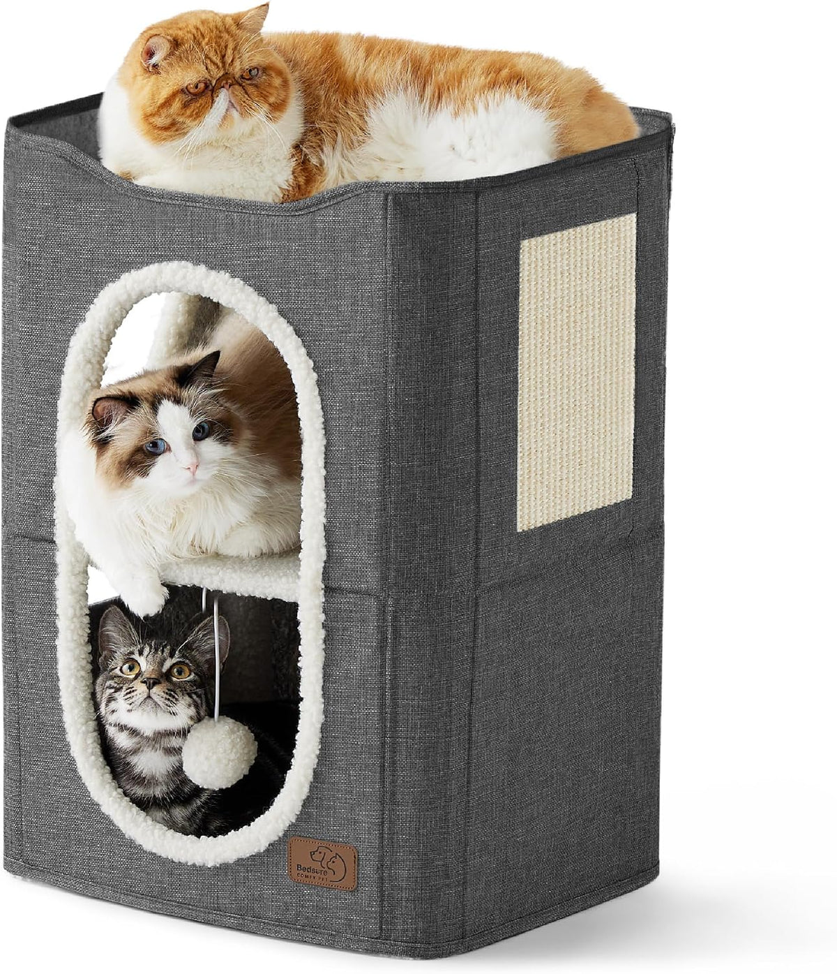 Bedsure Cat House Bed for Indoor Cats with Fluffy Ball and Scratch Pad,Grey
