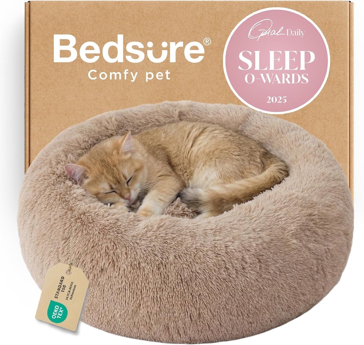 Bedsure Calming Dog Bed Medium Size Dog Donut Washable Pet Bed,30ins Camel