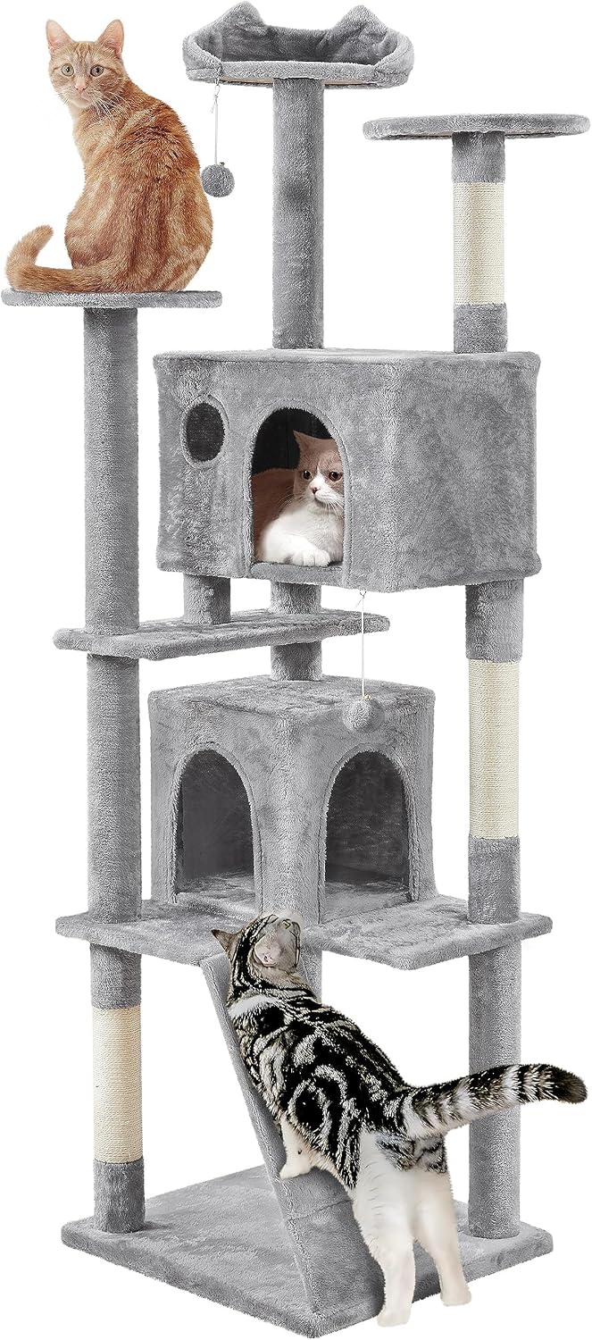 Yaheetech 54in Cat Tree Tower, 2 Caves, Kitten-Ear Perch & Scratching Posts