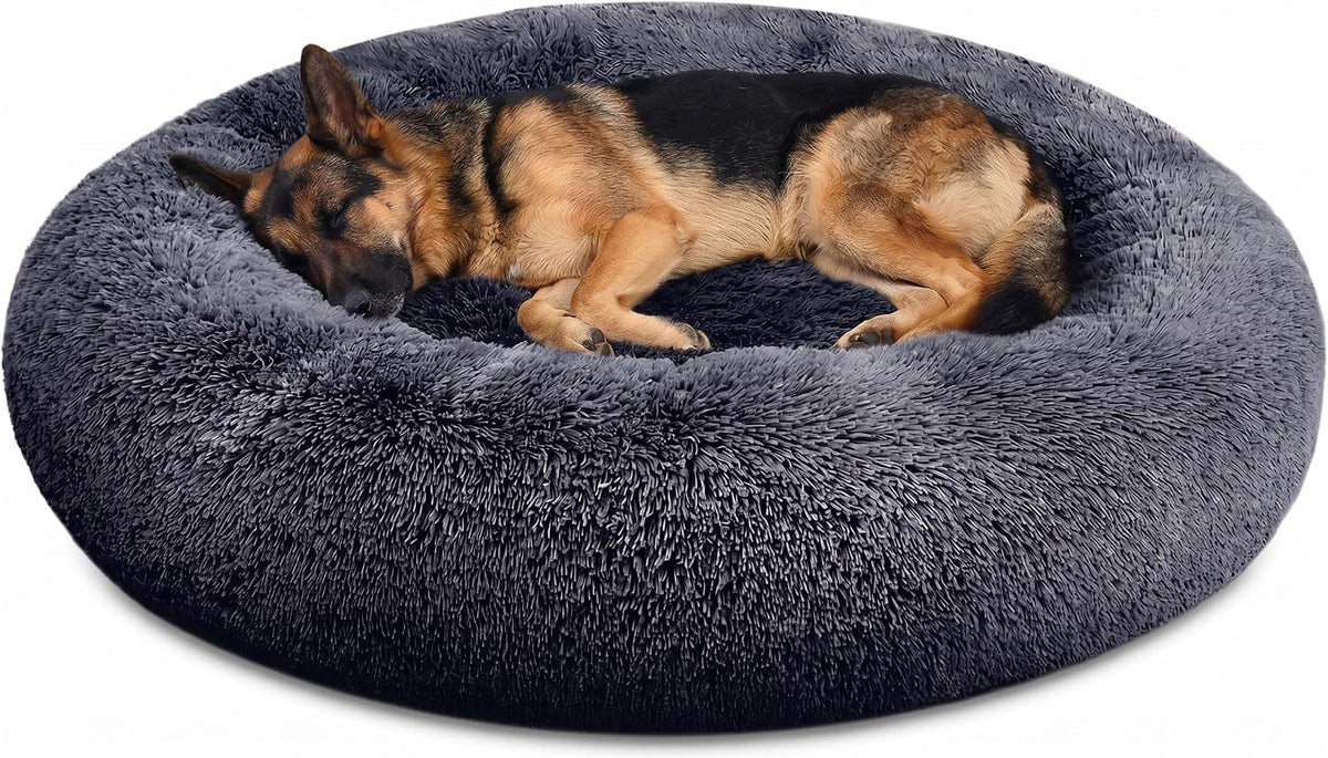 54 inches Calming Donut Dog Bed - 3X Durable Plush Faux Fur, Machine Washable & Non-Slip, Fits up to 210 lbs, Removable Cover, Dark Grey