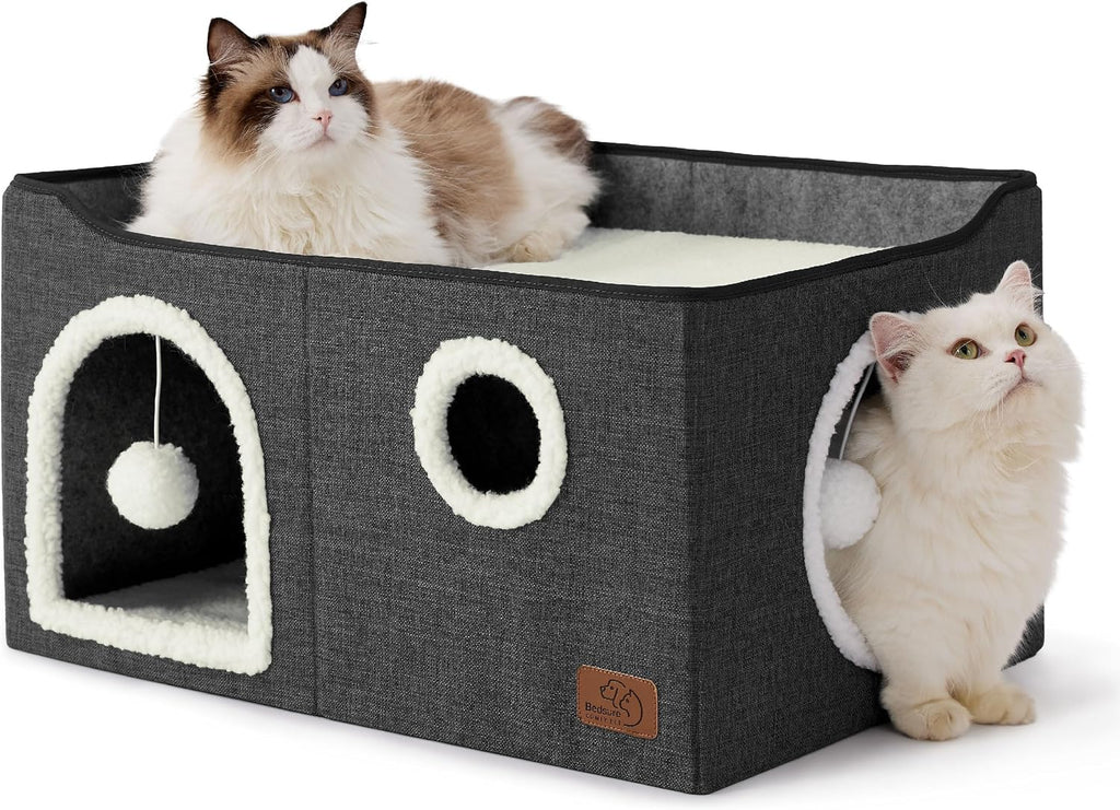 Bedsure Cat House Bed for Indoor Cats with Fluffy Ball and Scratch Pad,Grey