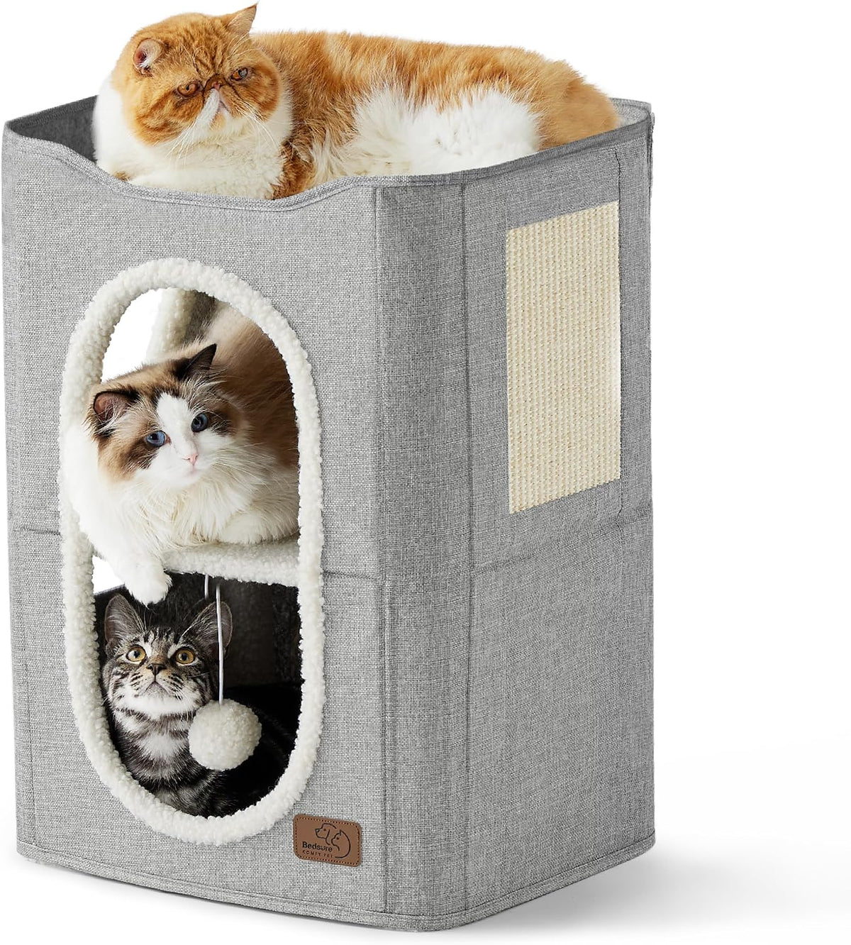 Bedsure Cat House Bed for Indoor Cats with Fluffy Ball and Scratch Pad,Grey