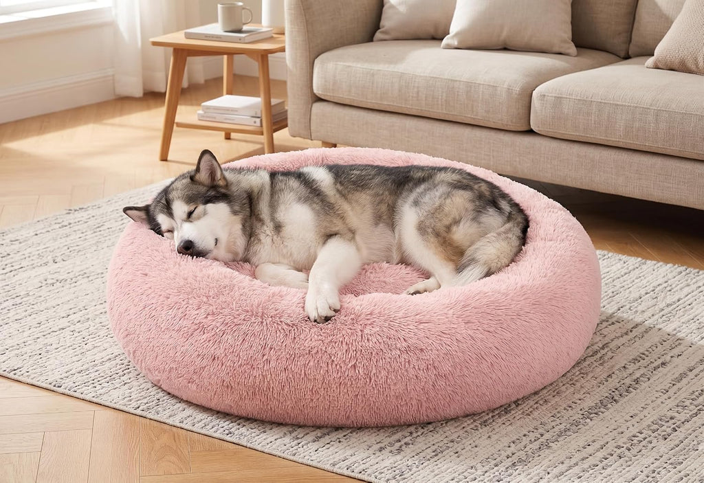 54 inches Calming Donut Dog Bed - 3X Durable Plush Faux Fur, Machine Washable & Non-Slip, Fits up to 210 lbs, Removable Cover, Dark Grey