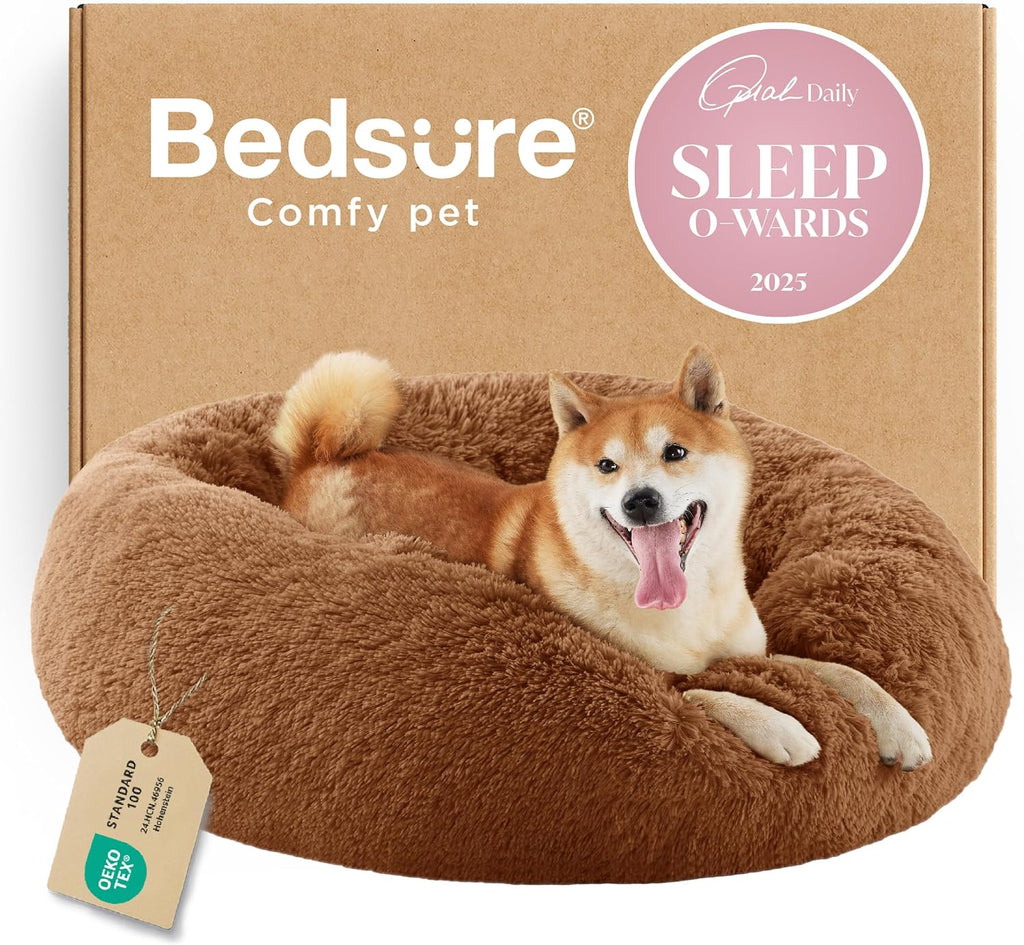 Bedsure Calming Dog Bed Medium Size Dog Donut Washable Pet Bed,30ins Camel