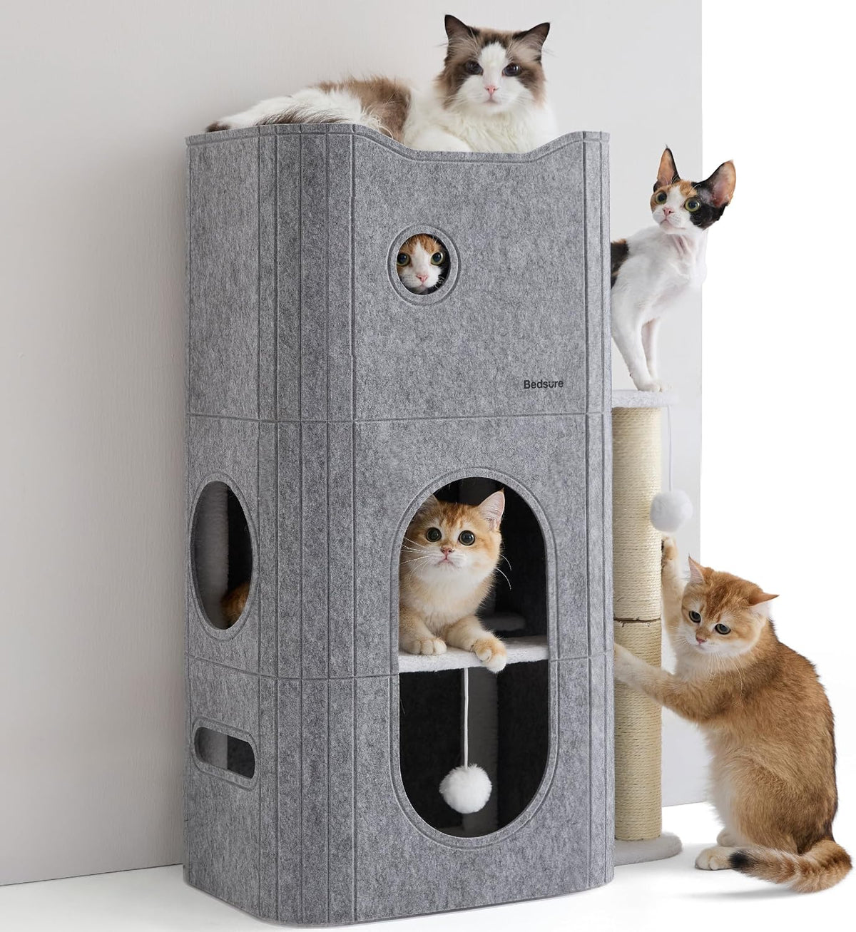 Bedsure Cat House Bed for Indoor Cats with Fluffy Ball and Scratch Pad,Grey